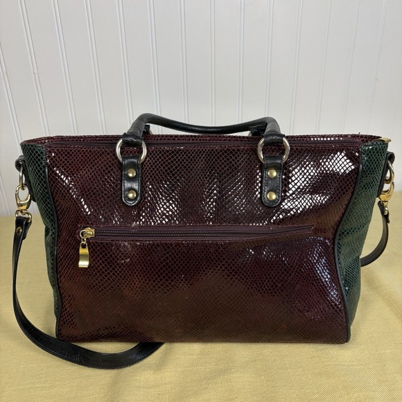 Burgundy Handbags - Vintage Due Fratelli Leather Purse Snakeskin Embossed Two Tone Burgundy & Green